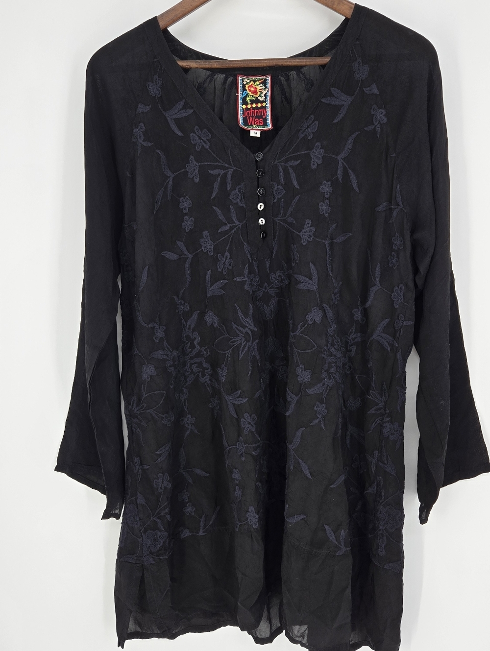 Johnny Was Black Embroidered Oversized Tunic Dress
